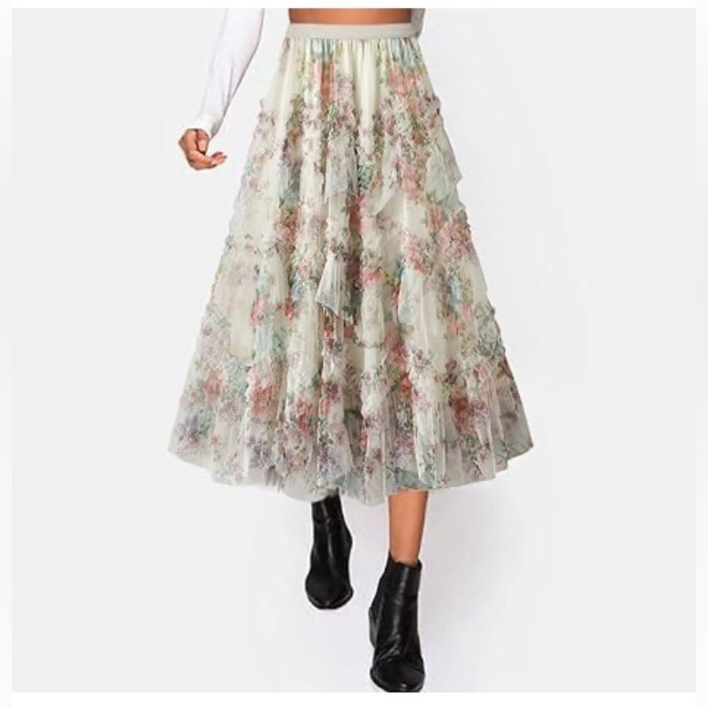 Floral Midi Skirt with Ruffle Details Size M Elastic At Waist 17”